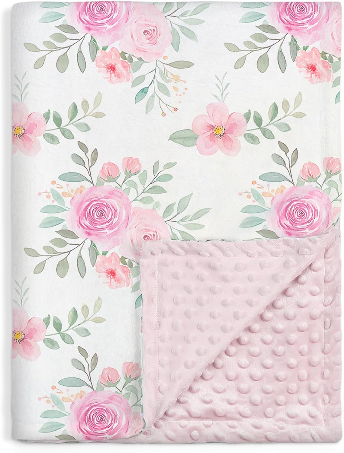 Floral Minky Baby Blanket 30 x 40 Inches for Girls, Soft Plush Receiving Blanket with Dotted Back