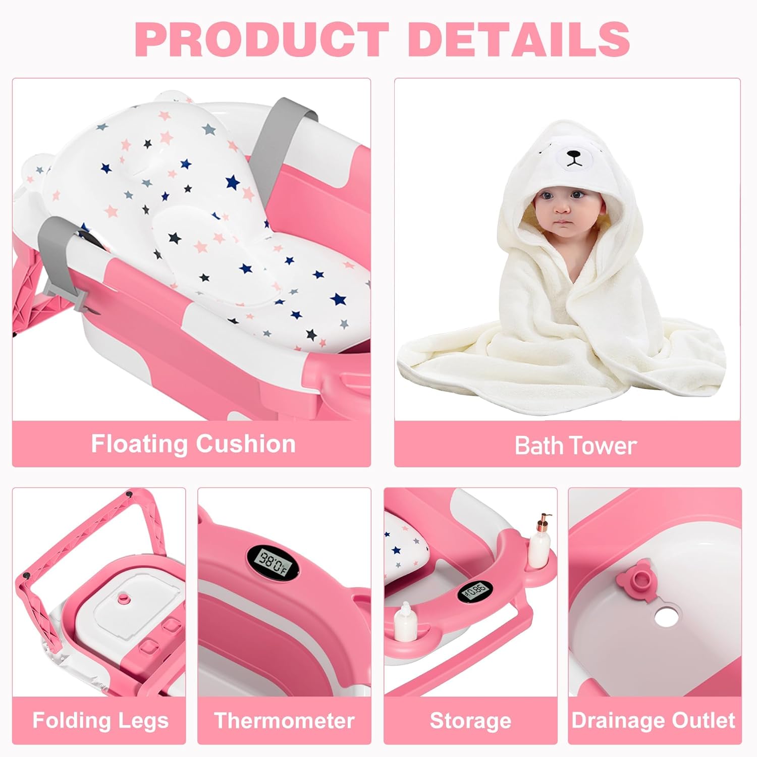 MoreFeel Collapsible Baby Bathtub for Newborn with Thermometer & 1 Hooded Towel & 1 Soft Floating