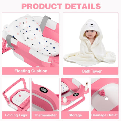 MoreFeel Collapsible Baby Bathtub for Newborn with Thermometer & 1 Hooded Towel & 1 Soft Floating