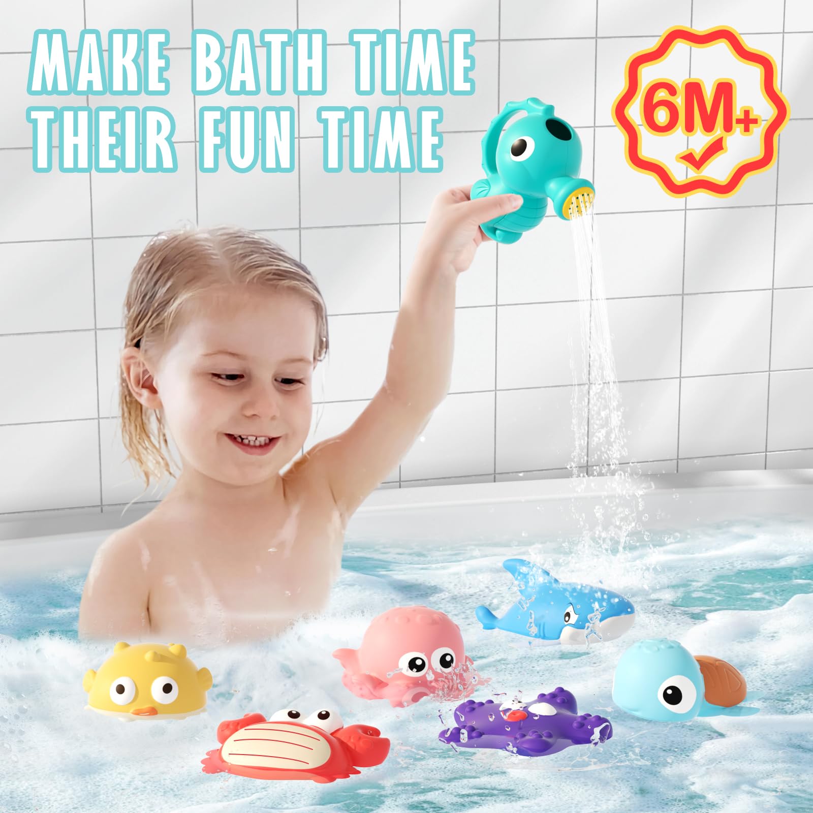 Mold Free Bath Toys for Toddlers 1-3, No Hole Ocean Animal Bathtub and Pool Toys with Mesh
