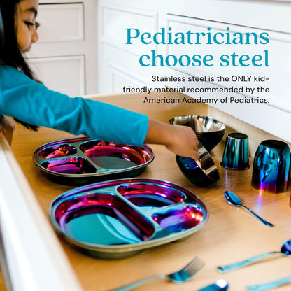 Ahimsa Stainless Steel Kids Dinnerware Set - 5 Piece Stainless Steel Toddler Plates and Bowls Set, Pediatrician Designed, Plastic Free Toddler Plate and Bowl, Kids Utensils and Cup (Blue)