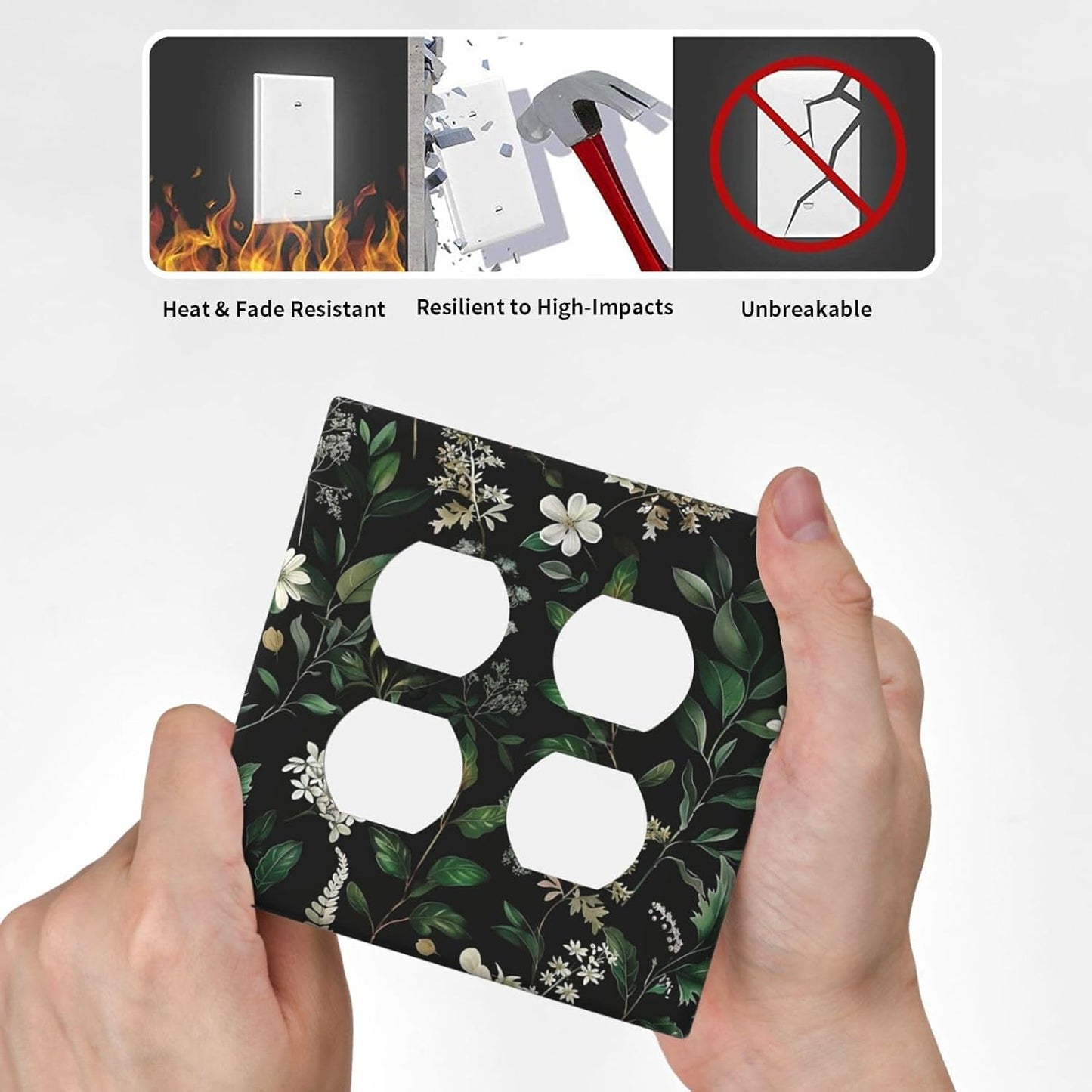 Decorative Outlet Covers Rustic Green Leaves White Flower 2 Gang Wall Plate Cover Double Duplex Receptacle Two Switch Light Switch Cover Plate Jumbo Dual Faceplate for Home Decor