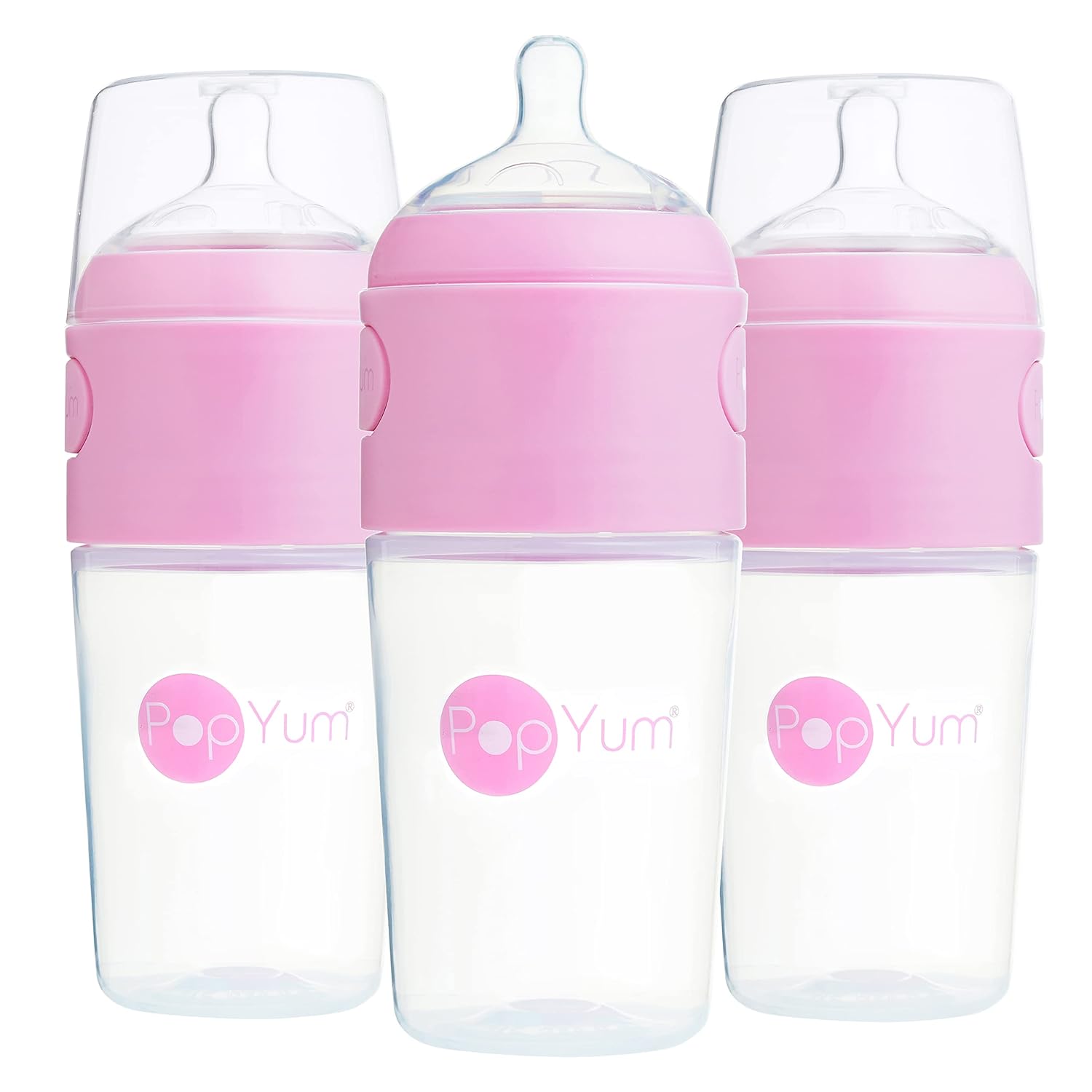 PopYum 9 oz Pink Anti-Colic Formula Making/Mixing/Dispenser Baby Bottles, 3-Pack with #2 Medium