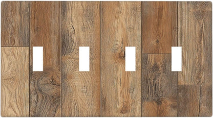 Light Switch Covers Retro Rustic Brown Wood Grain Quad Toggle Electrical Faceplate 4 Gang Wall Plate Decorative Switch Plates For Farmhouse Cabin Decor