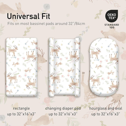 Gllquen Baby Bassinet Sheets 4 Pack, Breathable Cozy Fitted Mattress Sheet, Elastic Travel Crib Fashionable Floral Pattern, Standard Cradle Safe Sheets for Baby Boys Girls 32"x16"(Deer & Rose)