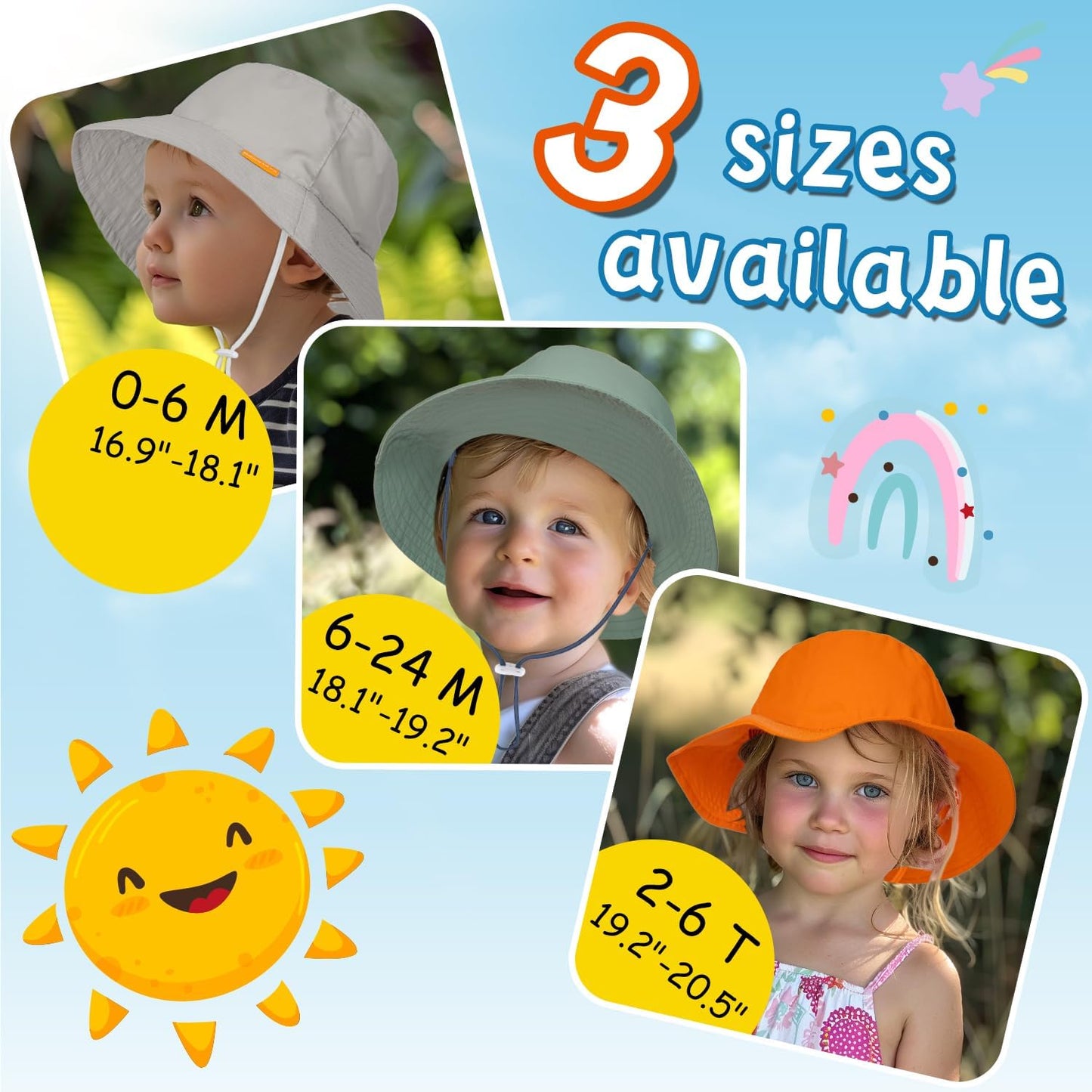 Baby Sun Hat Kids Summer UPF 50+ Toddler Bucket Hat Wide Brim Adjustable Beach Hats for Boys Girls Age 0-6 Years