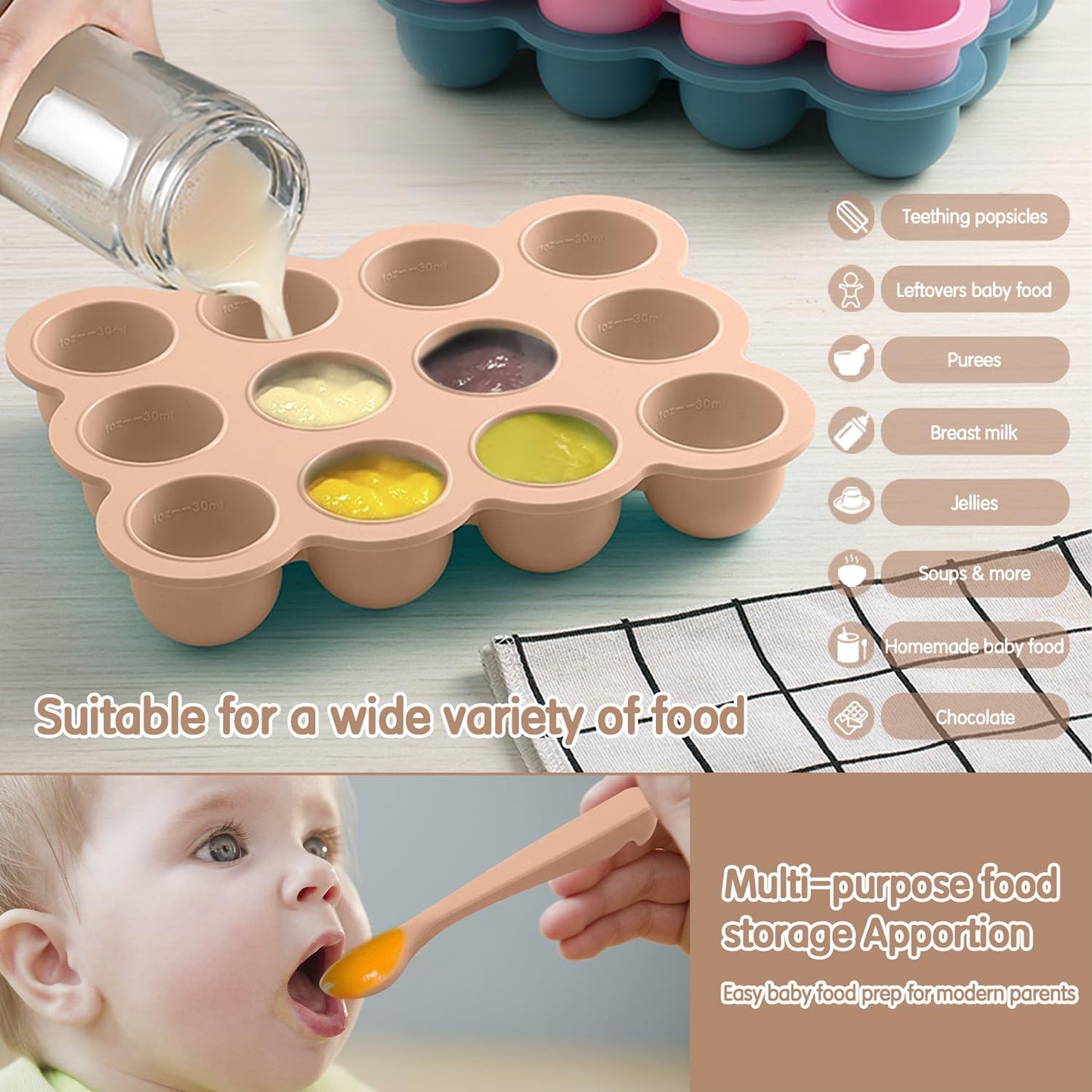 Baby Food Freezer Tray with Clip on Lid, 12 x 1.5 Ounce Baby Food Storage Container, Baby Silicone