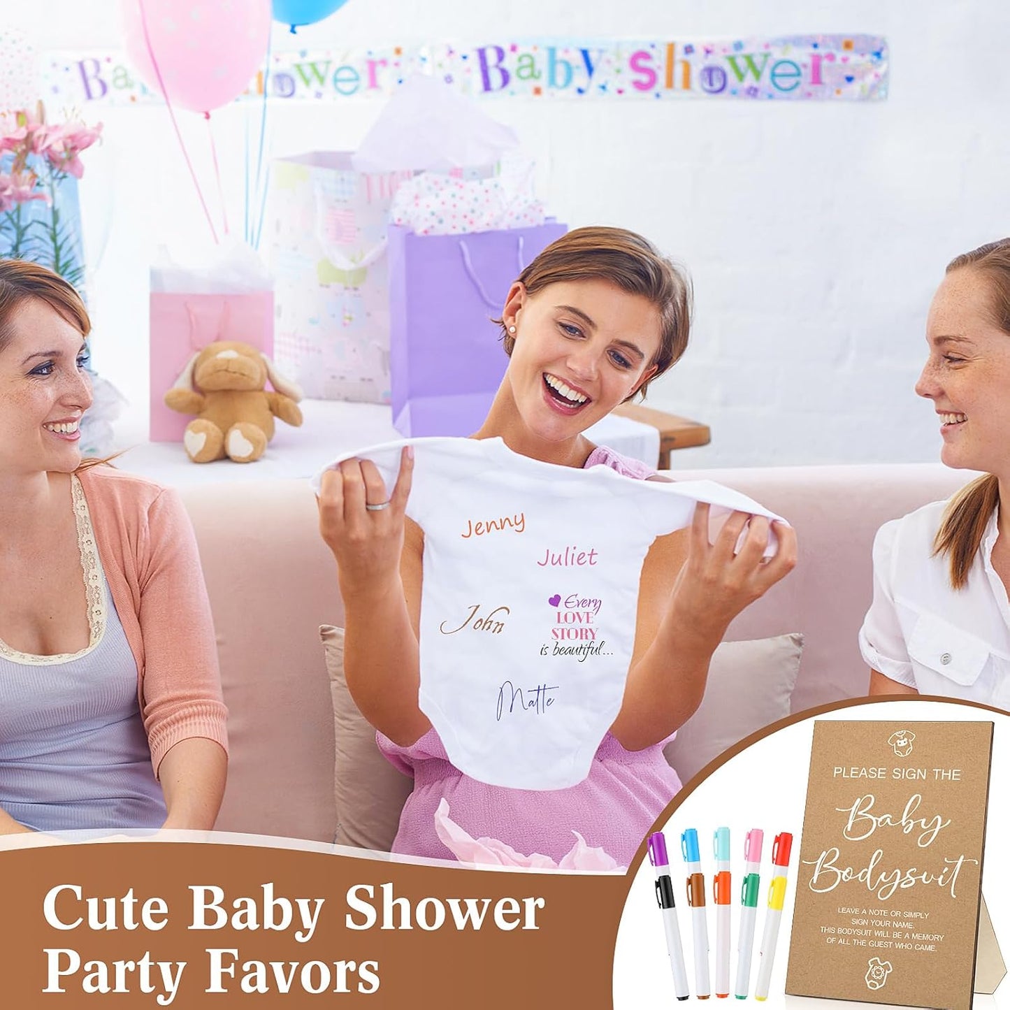 Qunclay 12 Pcs Baby Bodysuit Baby Shower Game Include 1 Game Wooden Sign Tabletop Decor 1 White Blank Newborn Bodysuit 10 Fabric Marker for Gender Reveal Party(Kraft)