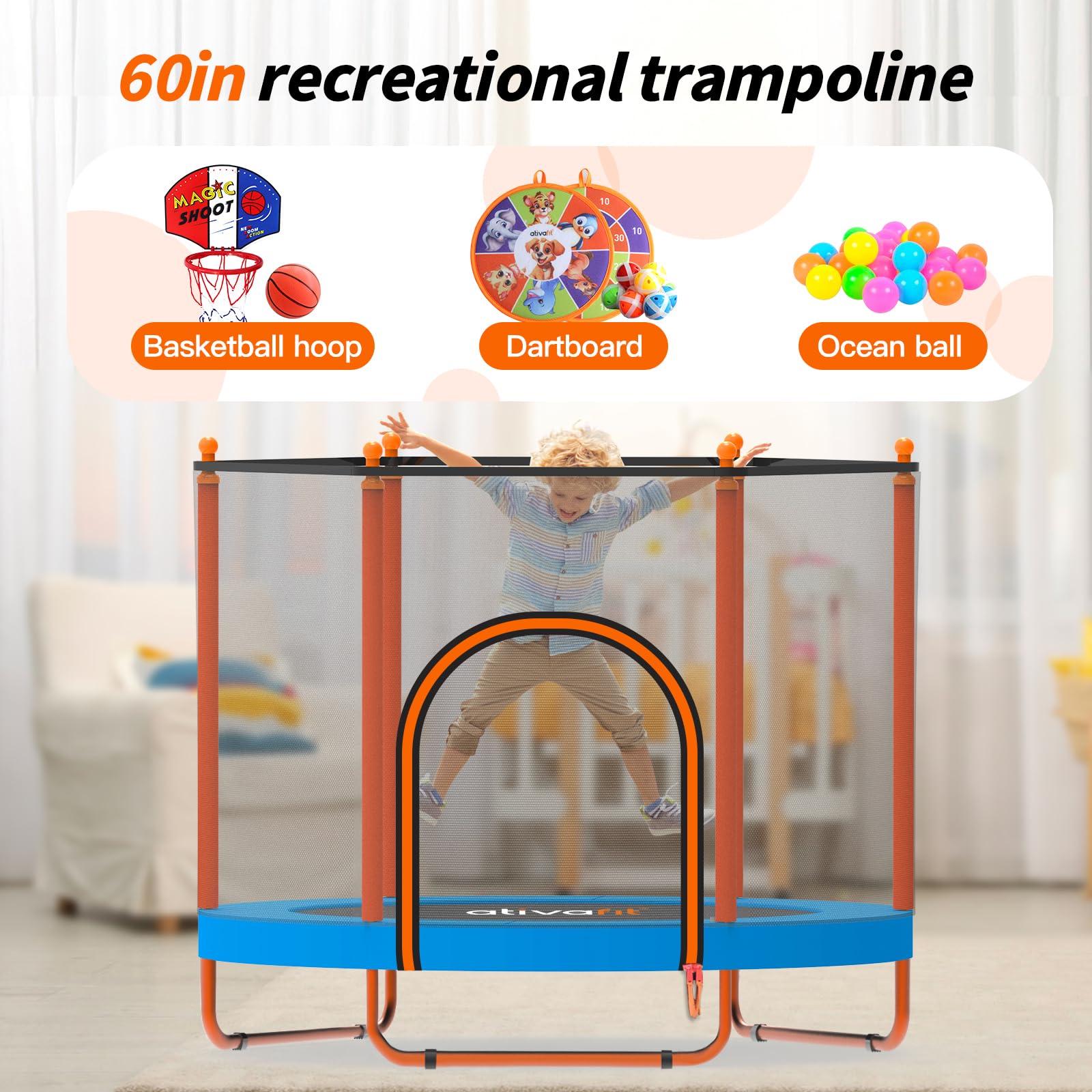 ATIVAFIT 60″ Indoor‑Outdoor Kids Trampoline Mini Rebounder with Safety Net & Hoop, Ideal for