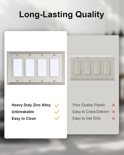 2-Pack Quad Decorator Outlet Cover Plate, Zinc Alloy Brushed Nickel Switch Plates and Outlet Covers, 4 Gang Wall Plates for Electrical Outlets, Receptacle, GFCI Outlet, Dimmer Switch