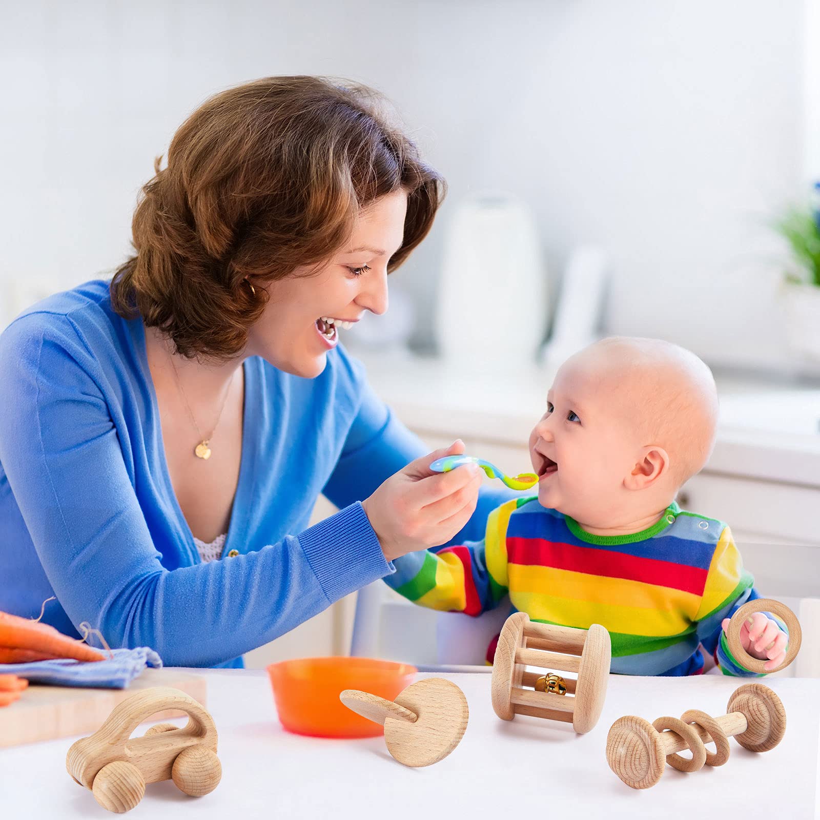 Zhanmai 5 Pcs Wooden Baby Toys Montessori Toys for 0-6-12 Months Sensory Baby Rattles with Bells