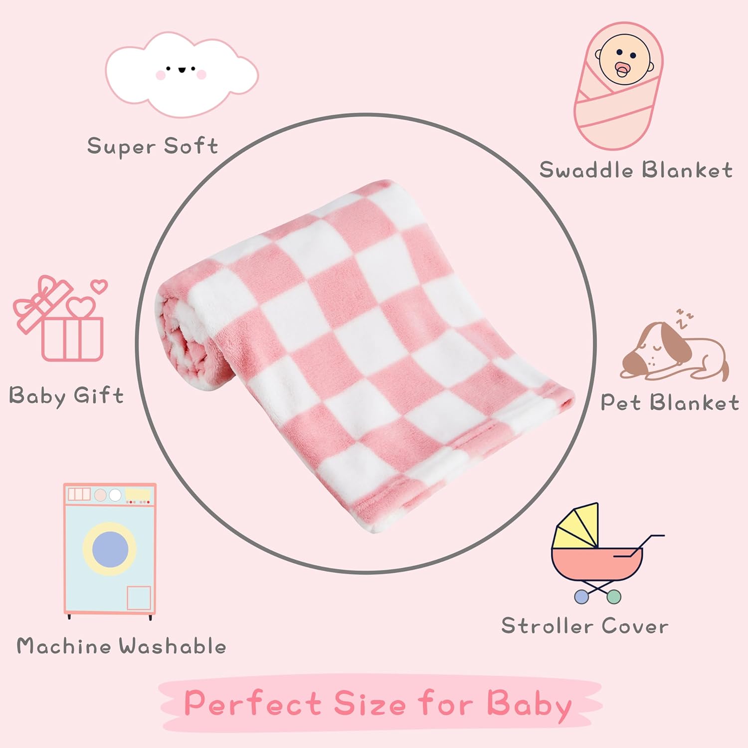 Yurhap Checkered Baby Blanket for Girls Pink Fleece Baby Blankets for Girls Boys, Warmer Comfort