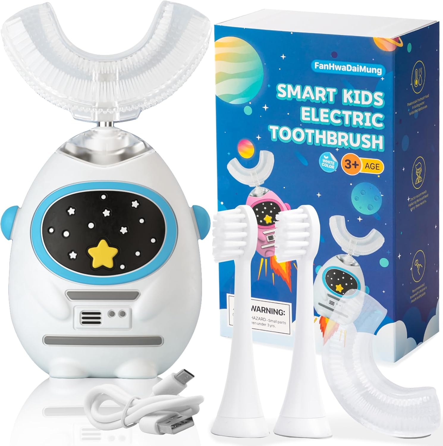 Kids U Shaped Electric Toothbrush with Music, 3 Modes, Voice Teaching, Mouthpiece Cleaning, Soft