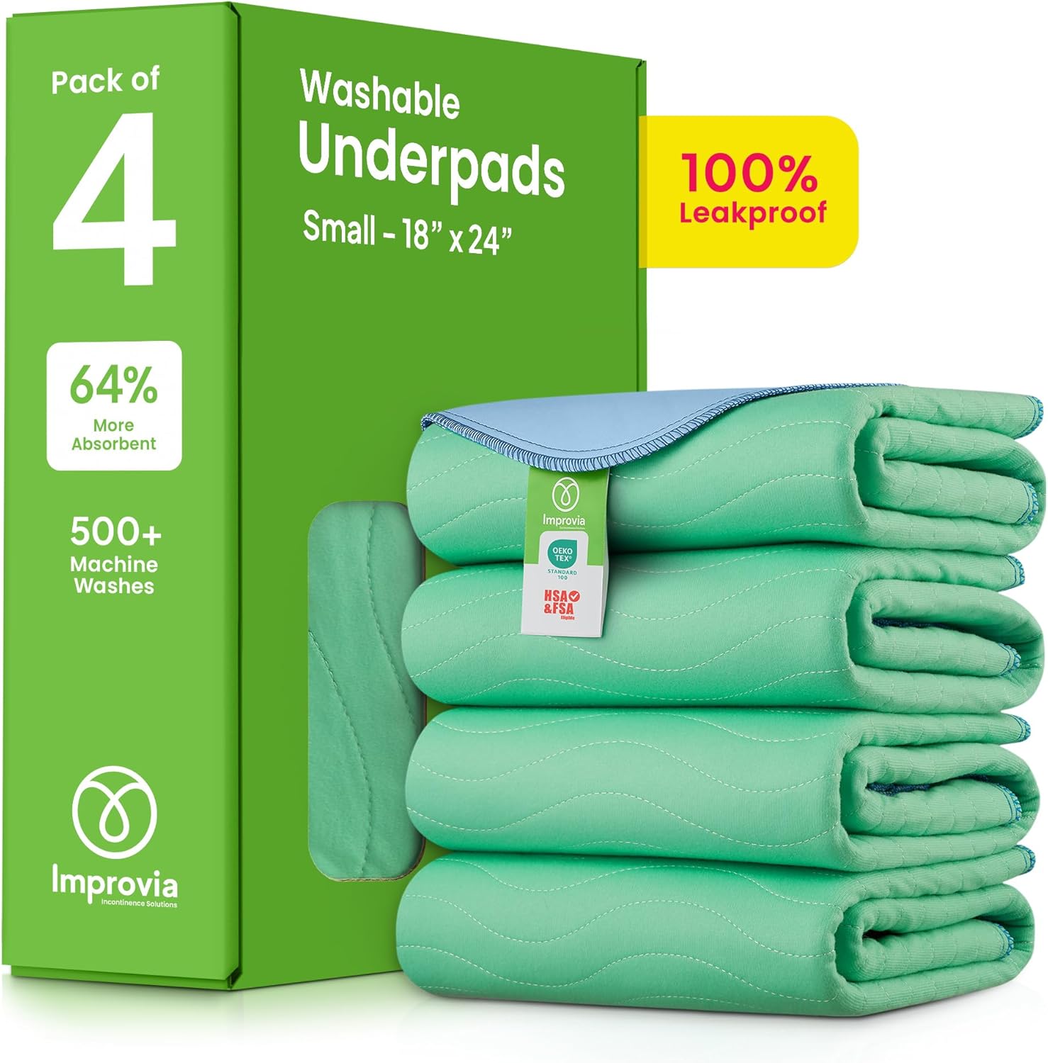 IMPROVIA® Washable Underpads, 18" x 24" (Pack of 4) - Heavy Absorbency Reusable Incontinence Pads