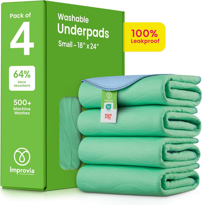 IMPROVIA® Washable Underpads, 18" x 24" (Pack of 4) - Heavy Absorbency Reusable Incontinence Pads