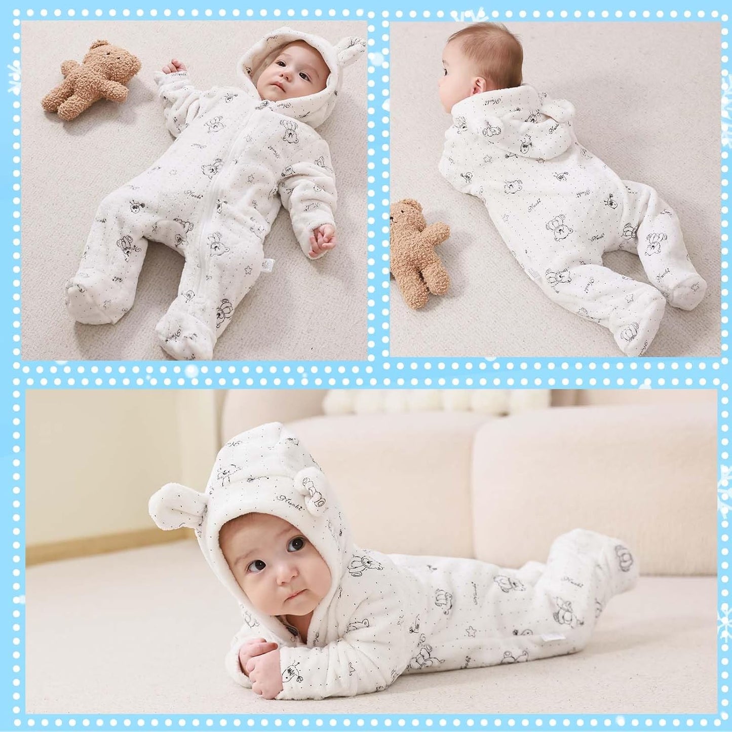 Fairy Baby Newborn Baby Bear Onesie Thin Fleece Footie Romper Snowsuit Hooded Jumpsuit Bodysuit Winter Outwear Boy Girl 0-12M