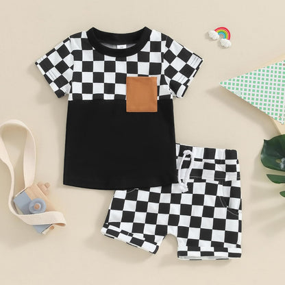 fhutpw Baby Toddler Boy Clothes Summer Outfits 6 12 18 24 Months Patchwork Short Sleeve T Shirt & Shorts Sets with Pockets