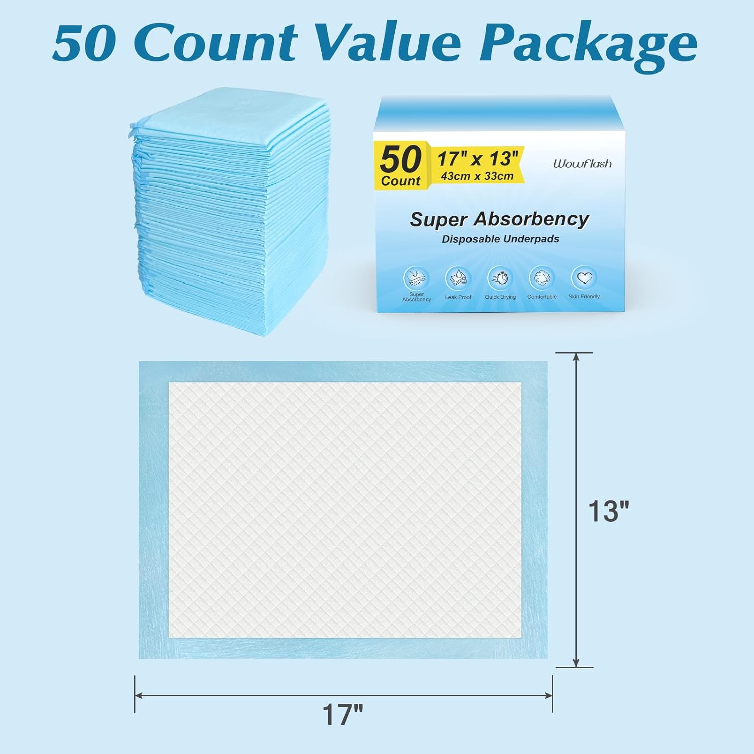 50 Count Super Absorbency Disposable Underpads, Leakproof Quick Drying Disposable Pads for Baby