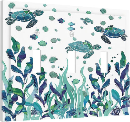 Decorative Switch Plates Vibrant Turtle Seagrass Watercolor Painting 3 Gang Wall Plate Triple Toggle Light Switch Cover Faceplate Electrical Wall Panels for Bathroom living Room Decor
