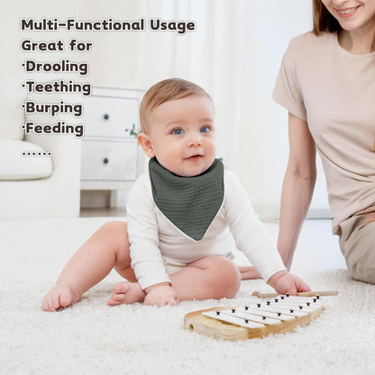 Susurration Muslin Baby Bibs 10Pack Baby Bandana Drool Bibs Soft Adjustable Newborn Bibs for Unisex Baby Girls & Boys (Greygreen)
