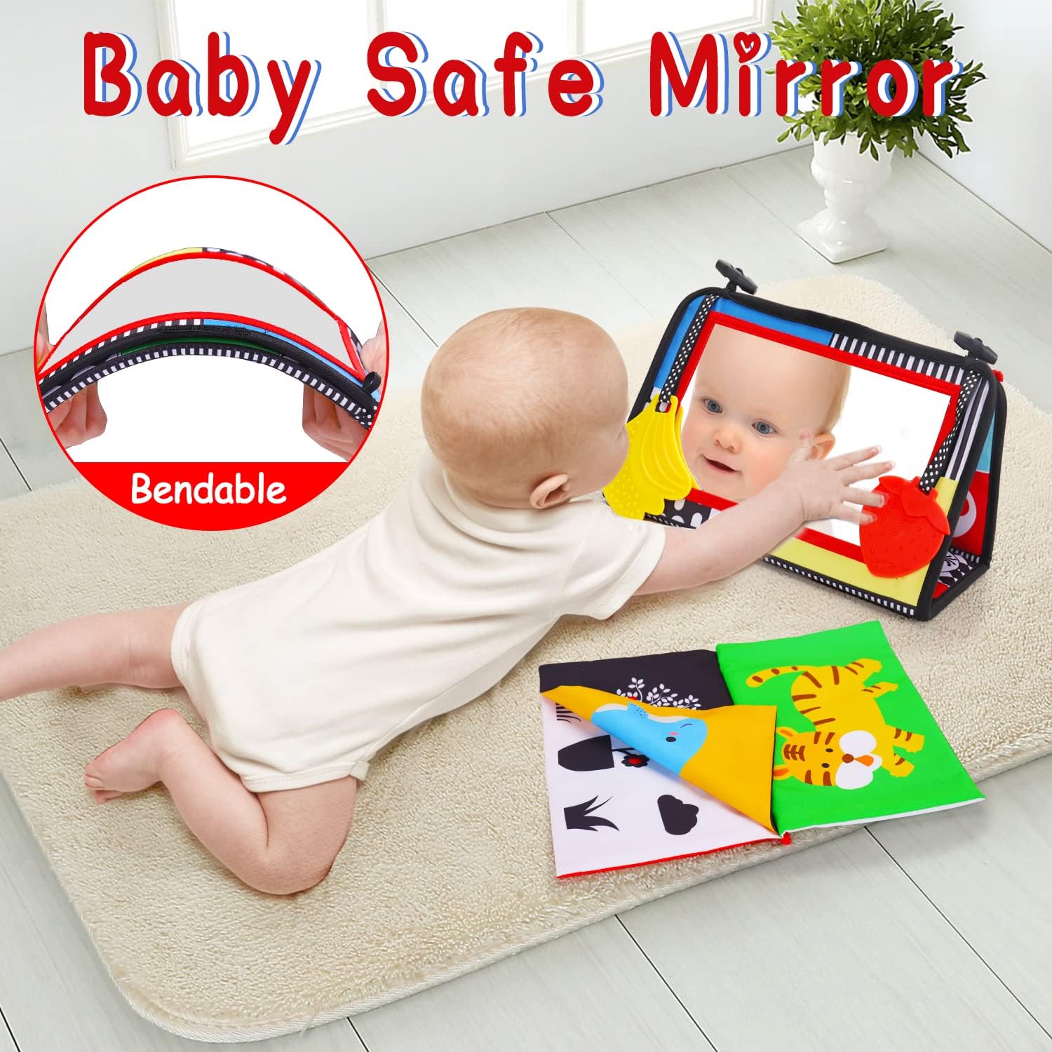 Tummy Time Baby Mirror Infant Toys Newborn 0 3 Months Brain Development with Crinkle Cloth Book