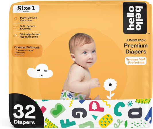 Hello Bello Premium Baby Diapers Size 1, 32 Count of Disposable, Extra-Absorbent, Hypoallergenic Baby Diapers with Snug and Comfort Fit, Alphabet Soup