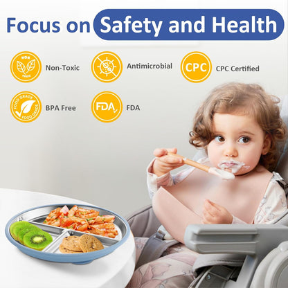 Stainless Steel Toddler Plate with Suction, 9” Divided Plates with Removable Silicone Sleeves for Kids, Non Toxic & BPA Free | Non Slip | Unbreakable Baby Snack Dishes Set of 2, Blue & Gray