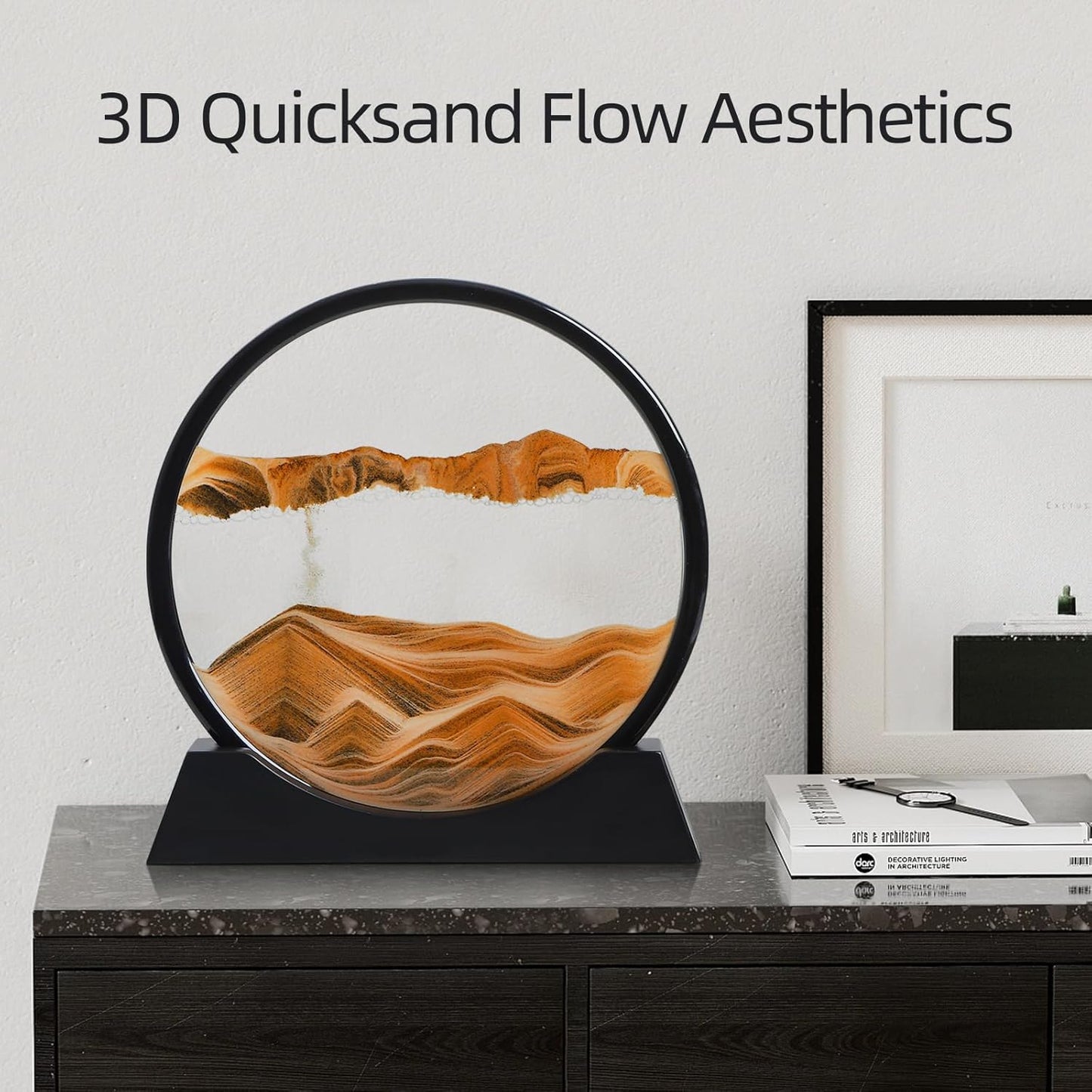 KPNUWN Moving Sand Art Liquid Motion, 3D Deep Sea Sandscape Color Quicksand Decor, Round Glass Moving Sand Art Picture Relaxing Desktop Home Office Work Decor (12 inch-Orange)
