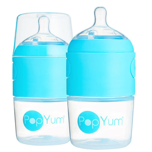 PopYum 5 oz Blue Anti-Colic Formula Making/Mixing/Dispenser Baby Bottles, 2-Pack with #1 Slow Flow