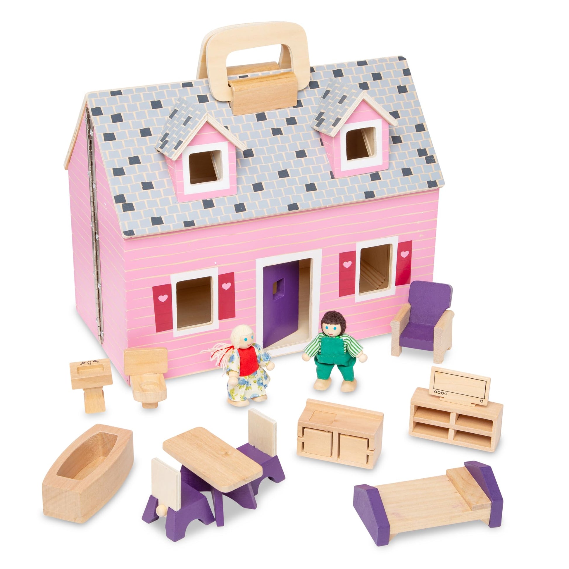 Melissa & Doug Fold & Go Wooden Dollhouse with 2 Dolls and 11 Pieces of Furniture - Portable Mini