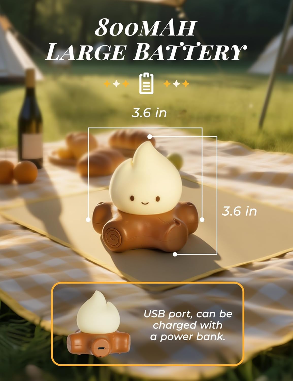 3pcs Campfire Night Light for Kids, Cute Campfire Lamp Gifts, LED Light up Flame Lights, Dimmable, Rechargeable Bedside Nightlight, Baby Nursery Dorm Kawaii Décor Toys Kits