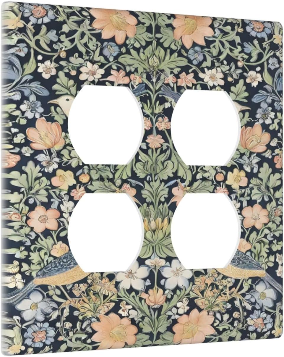 Decorative Outlet Covers Rustic Morris Birds Green Leaf Flower 2 Gang Wall Plate Cover Double Duplex Receptacle Two Switch Light Switch Cover Plate Jumbo Dual Faceplate for Home Decor