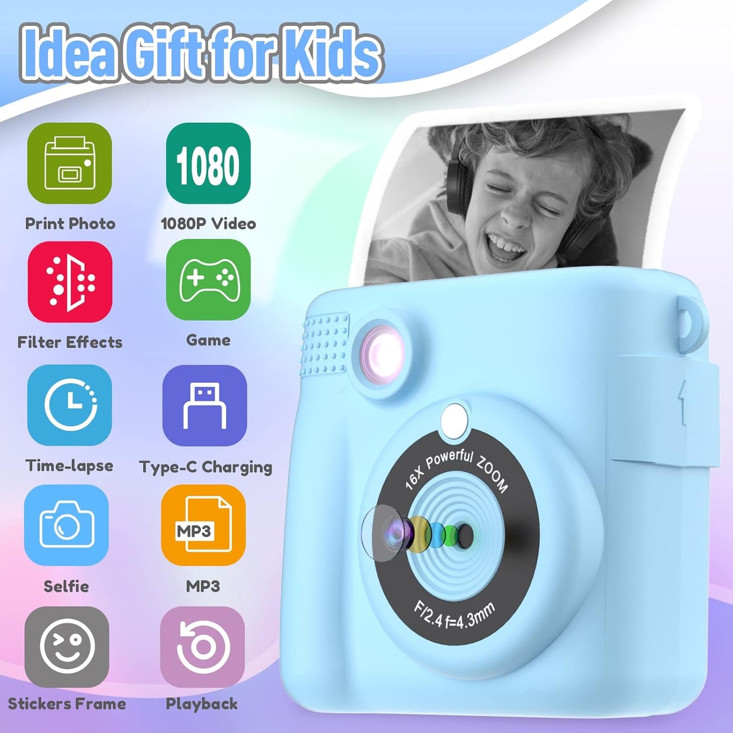 Kids Camera Instant Print, Christmas Birthday Gifts for Kids Age 3-12, Selfie Digital Camera with 1080P Videos,Toddler Portable Travel Cameras Toy for 4 5 6 7 8 9 Year Old Boys Girls-Blue