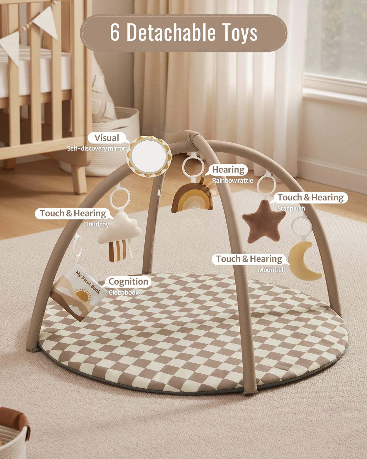 Blissful Diary Baby Play Gym Mat, Play Mat Activity Mat with 6 Detachable Toys for Stage-Based