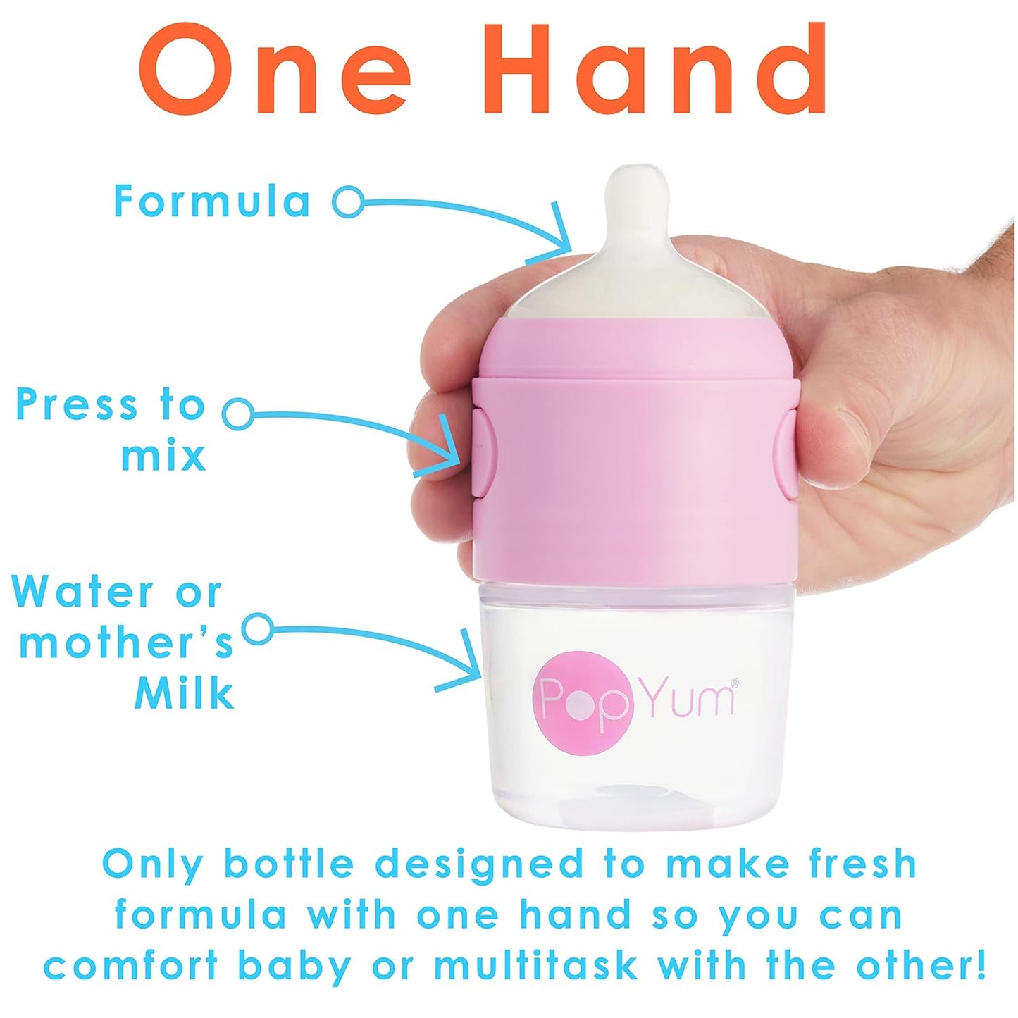 PopYum 5 oz Pink Anti-Colic Formula Making/Mixing/Dispenser Baby Bottles, 3-Pack with #1 Slow Flow
