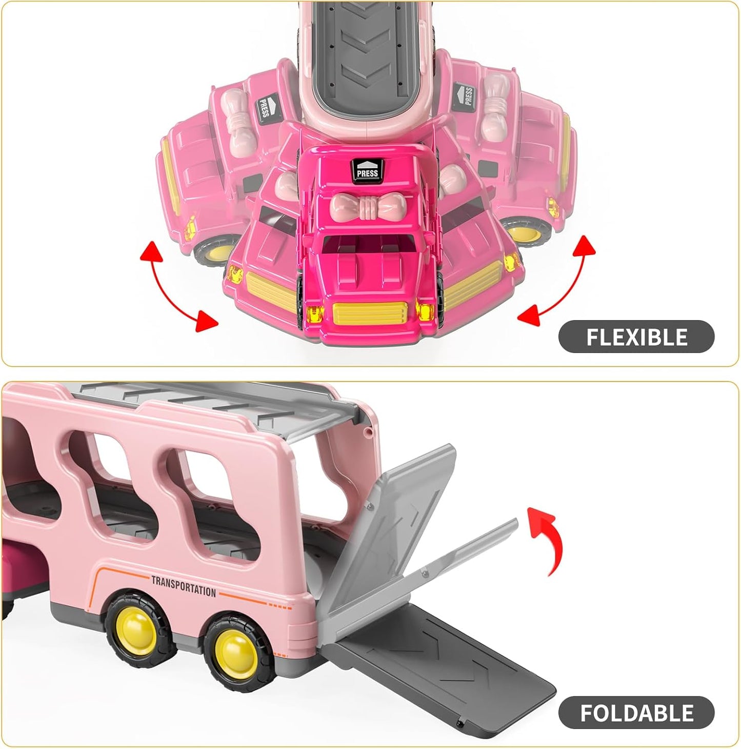 TEMI Girls Toddler Truck Toys for 3 4 5 6 Year Old, 5-in-1 Friction Powered Vehicle Car Set for Toddlers 3-6, Carrier Toys for Kids 3-5, Christmas Birthday Gifts for Boys Age 3-9