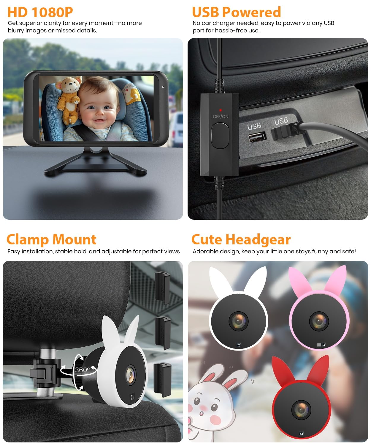 USB Car Camera for Baby : 4.5" Baby Car Camera with 1080P Crystal Clear Mirror View, Easy Installation Carseat Rear Facing Moitor for Kids, HD IR Night Vision Backseat Monitor