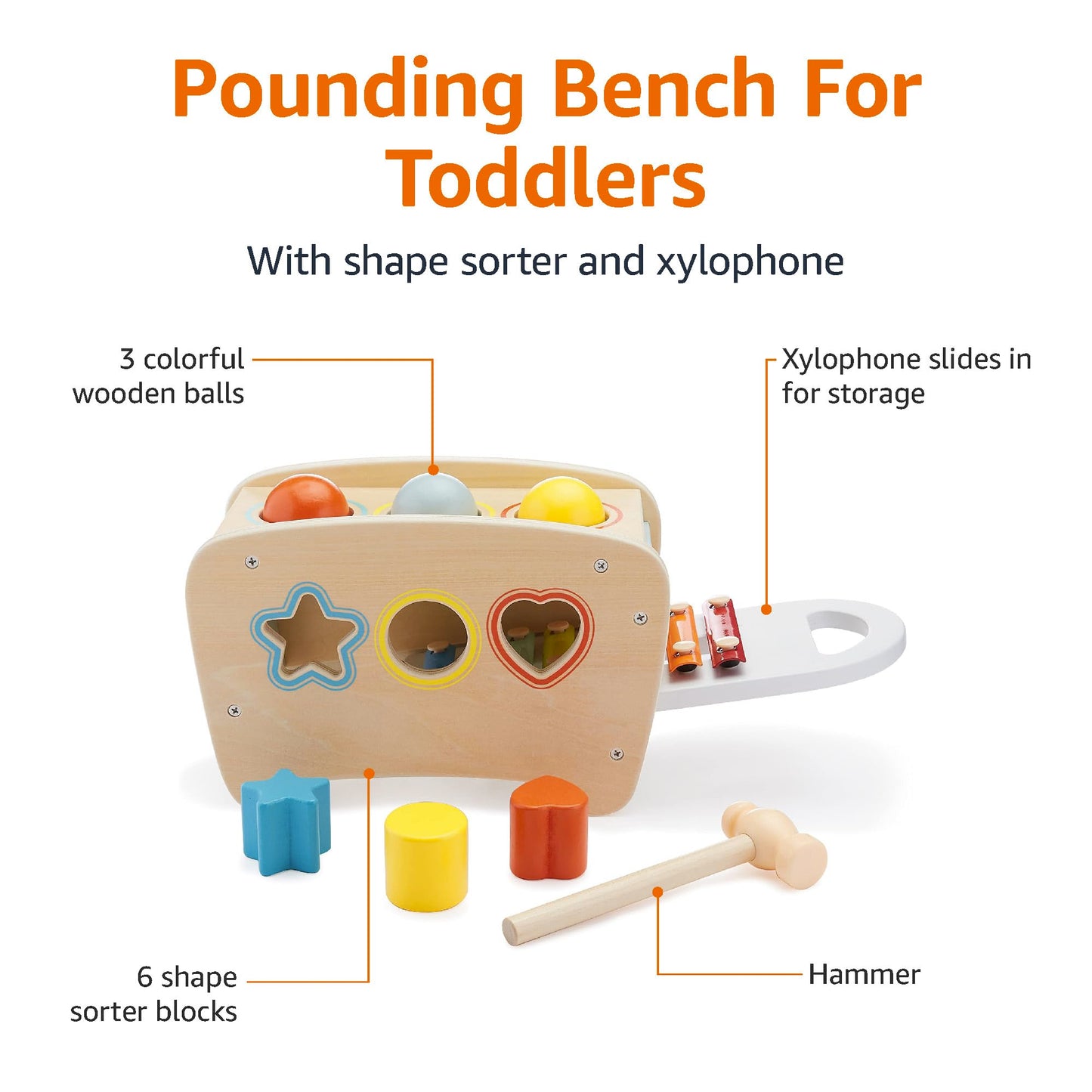 Amazon Basics Musical Pounding Bench With Xylophone and Shape Sorter Educational Toy for Toddlers