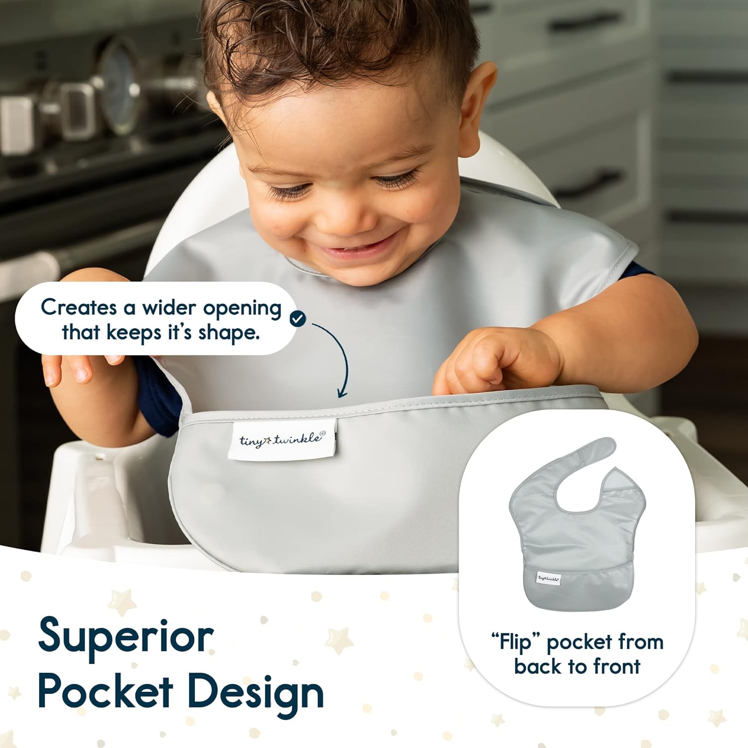 Tiny Twinkle Mess Proof Baby Bibs for Eating - Waterproof, Wipeable Bibs - Toddler Bibs - Travel