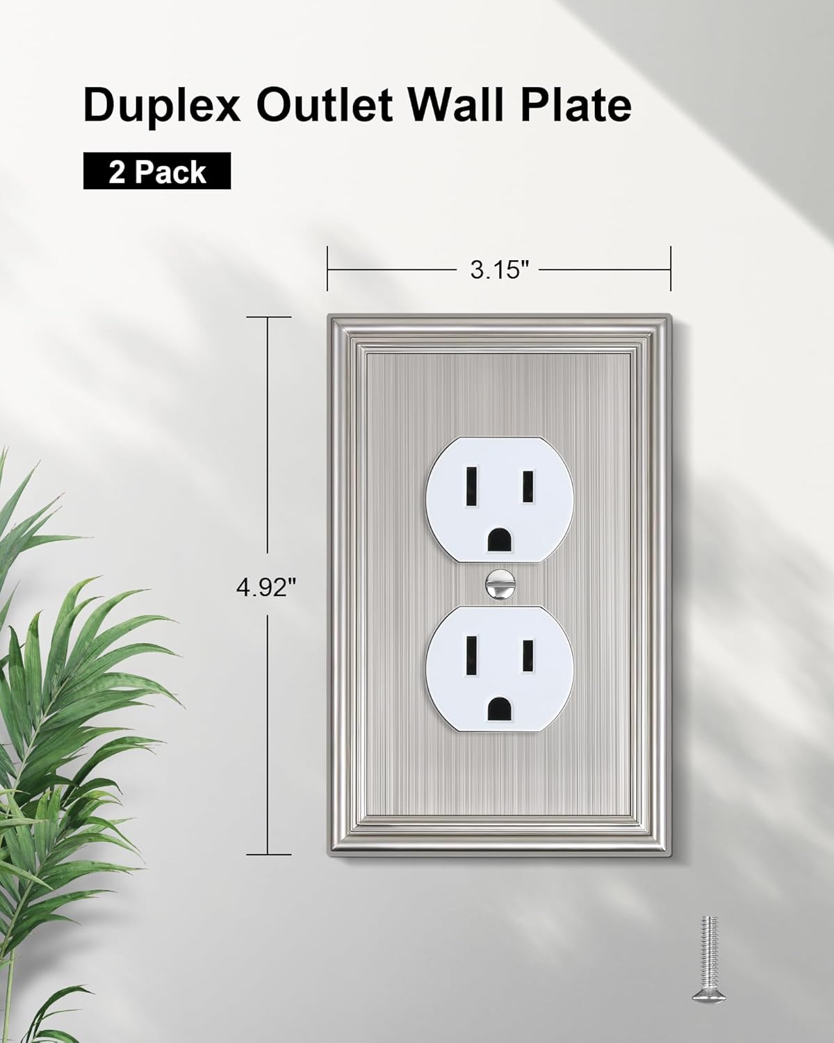 2-Pack Single Duplex Outlet Cover Plate, Decorative Brushed Nickel Switch Plates and Outlet Covers, Metal Wall Plates for Electrical Outlets, 1 Gang Receptacle Cover, Corrosion Resistant