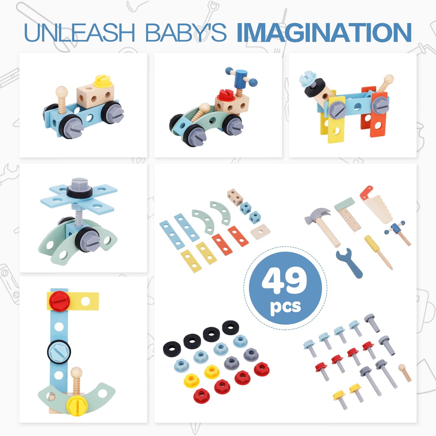 2-in-1 Wooden Baby Walker and Tool Bench with Building Play, Blue