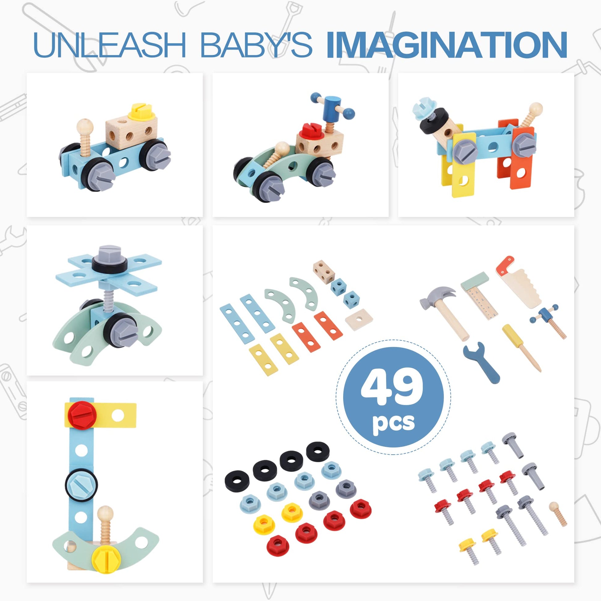 2-in-1 Wooden Baby Walker and Tool Bench with Building Play, Blue