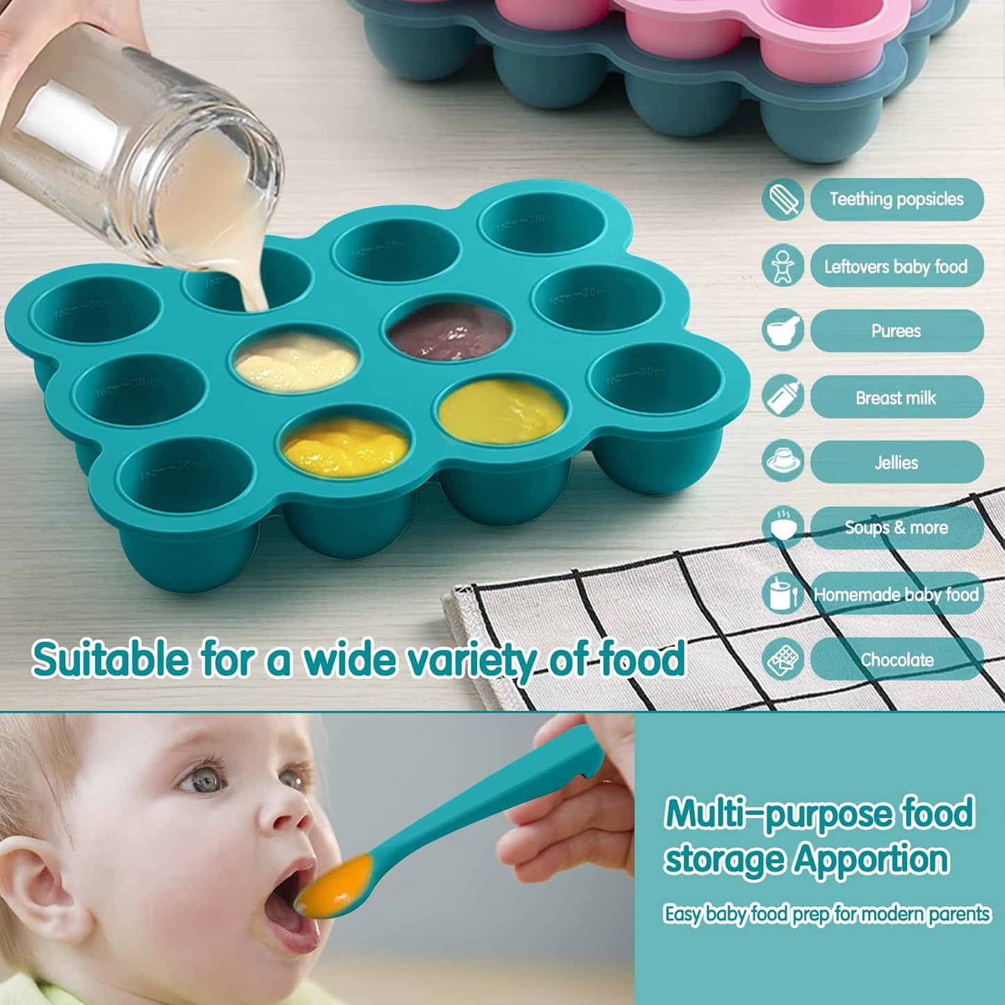 Baby Food Freezer Tray with Clip on Lid, 12 x 1.5 Ounce Baby Food Storage Container, Silicone