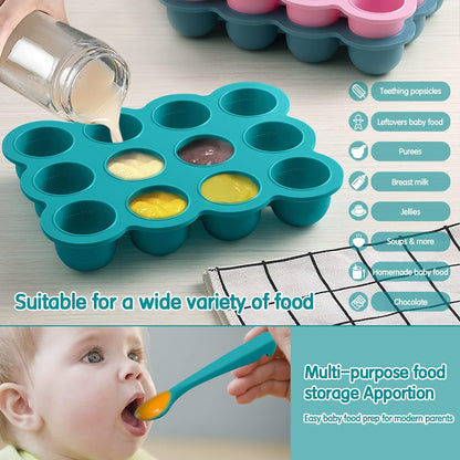 Baby Food Freezer Tray with Clip on Lid, 12 x 1.5 Ounce Baby Food Storage Container, Silicone