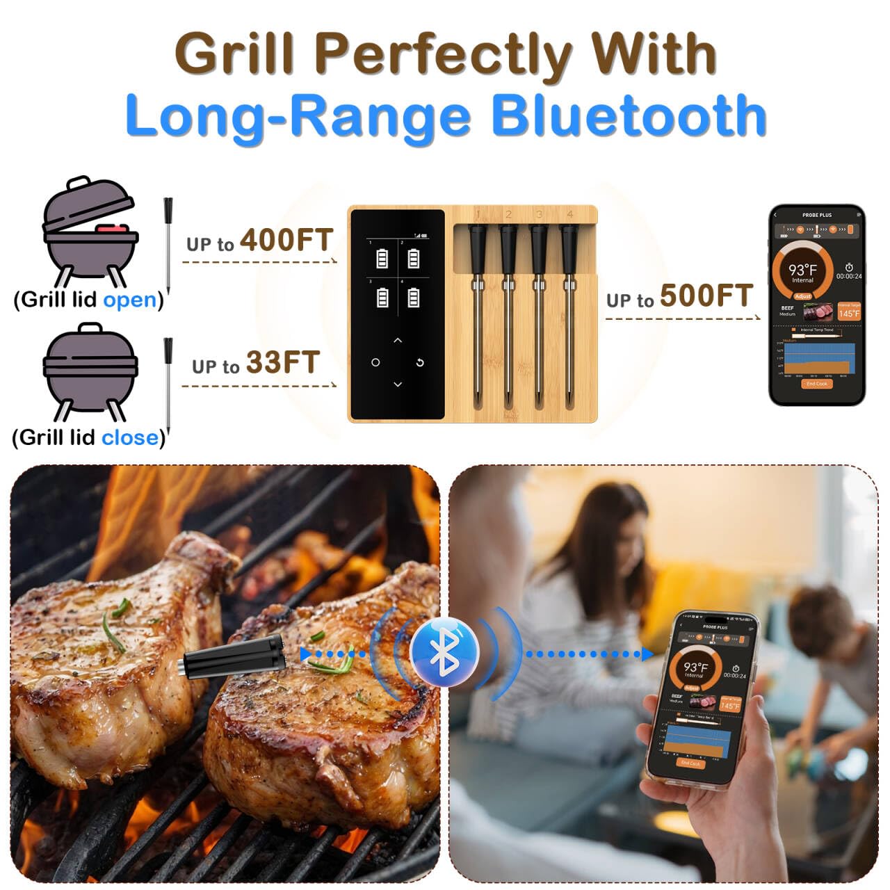 Accurate Smart Wireless Meat Thermometer - 4 Probes, Long Range Bluetooth, Real-time Alerts