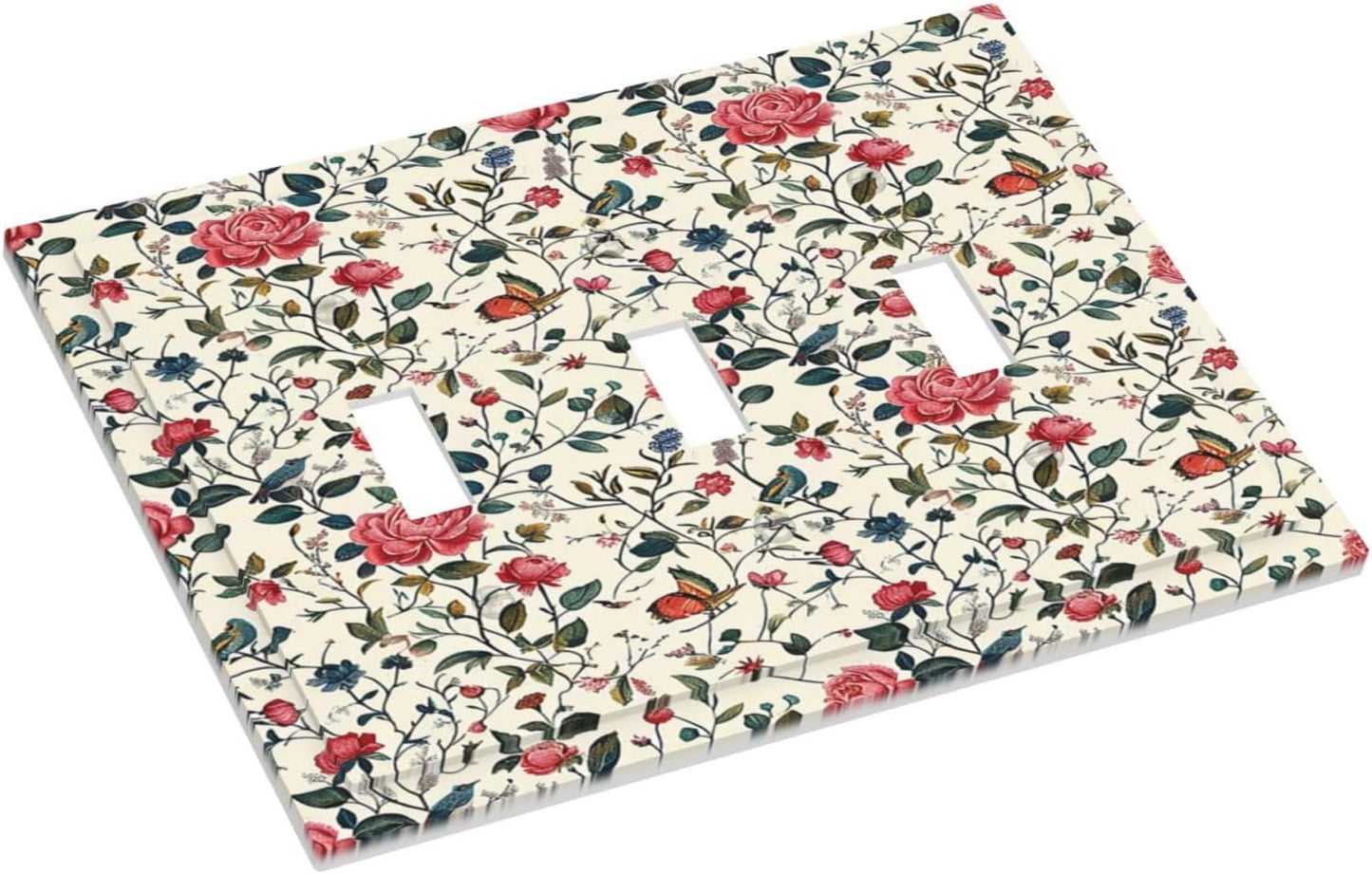 Decorative Switch Plates Vintage Flowers Rose Leaf Bird Butterfly 3 Gang Wall Plate Triple Toggle Light Switch Cover Faceplate Electrical Wall Panels for Bedroom living Room Decor