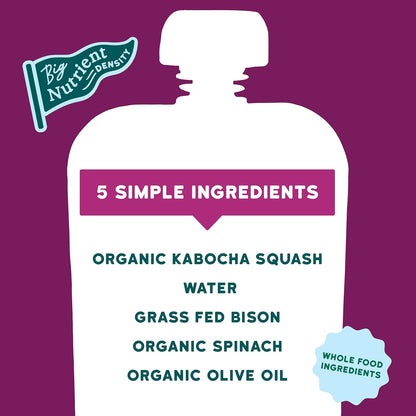 Serenity Kids Baby Food Pouches, Grass Fed Bison with Organic Kabocha Squash & Spinach, For 6+