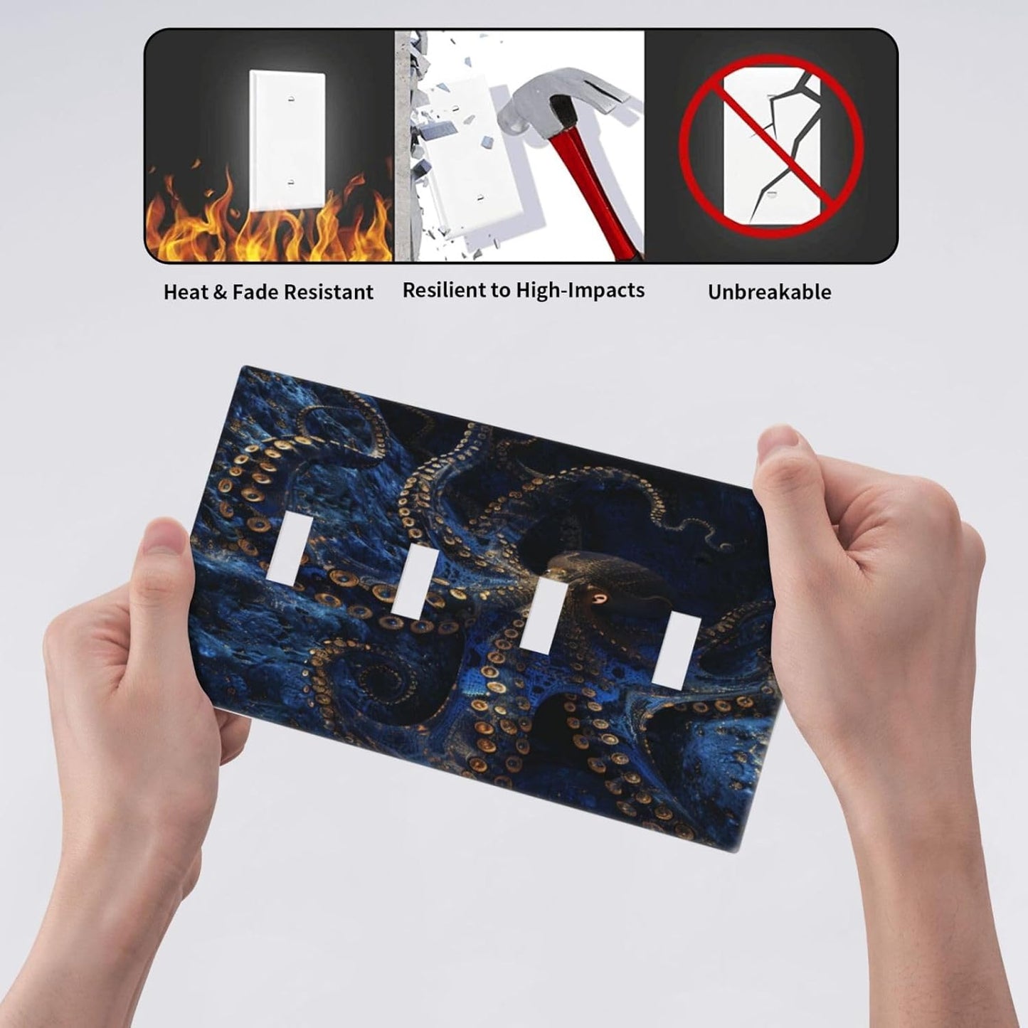 Decorative Switch Covers Plate Horror Night Blue Ocean Evil Octopus 4 Gang Artistic Wall Plate Unique Quad Toggle Light Switch Plate Jumbo Faceplate for Bathroom Bedroom Home Decor