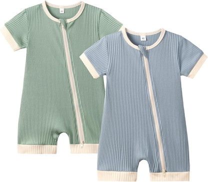 Bafeicao Unisex Baby Boy Girl 2 Pack Rompers Short Sleeve 2 Way Zipper One Piece Jumpsuits Clothes Sets