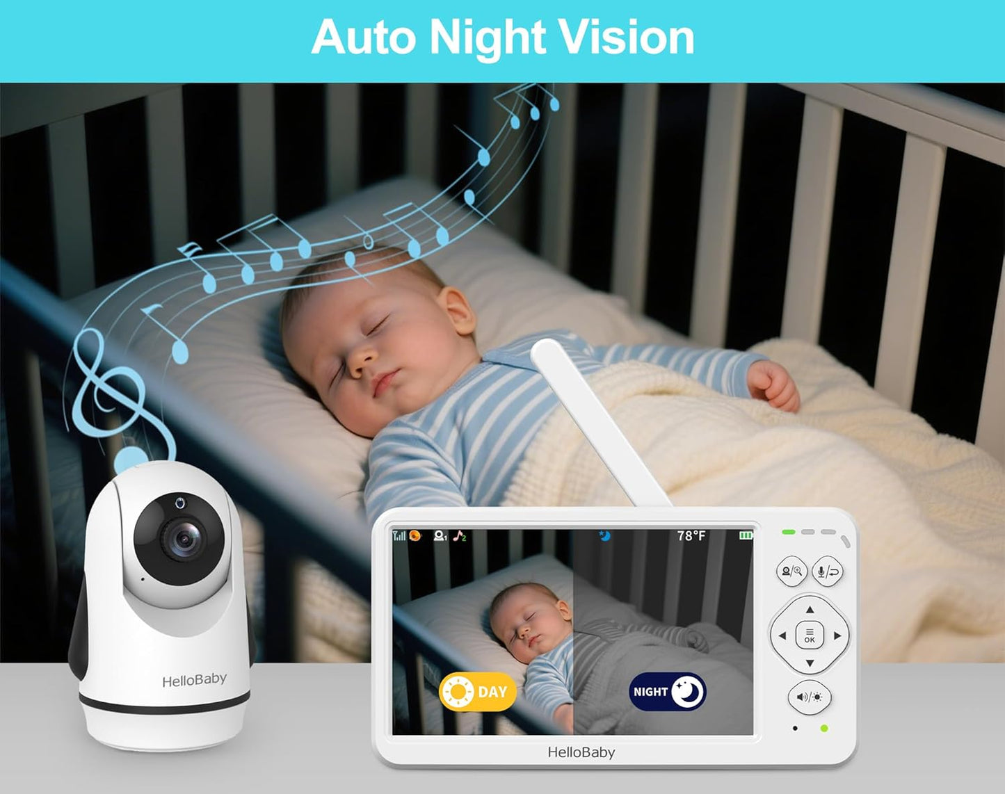 HelloBaby Baby Monitor with 2 Cameras, Large 6'' Video Baby Monitor No WiFi,30-Hour Long Battery, 320° Pan-Tilt Camera with 2X Zoom, Auto Night Vision, 2-Way Talk,ECO,1000ft, Portable, 150 Languages